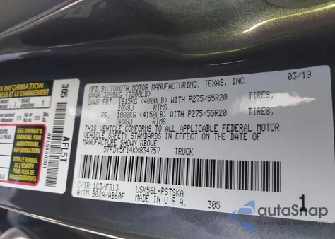 2019 Toyota Tundra Sr5 5.7L V8 z USA, uszkodzony, nr VIN 5TFDY5F14KX834757